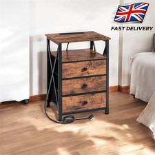 1pc Bedside Table with Charging Station, 3 Fabric Drawers, X-Shaped Side Table