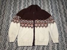 VINTAGE Handknit Cowichan Sweater Wool Full Zip Cardigan Native Aztec Large