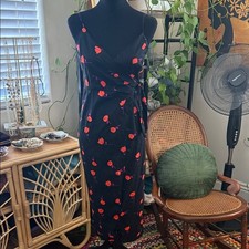 Urban Outfitters Quebec Black Floral Linen Blend Side Tie Faux Wrap Midi Dress