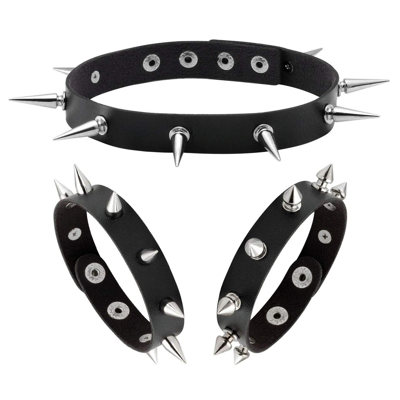 Black Leather Punk Spike Rivet Bracelet Choker with Metal Studs  