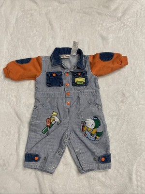 VTG B.t. Kids 6/9 Romper, Denim One Piece, Blue/ White Stripes, Embroidered Boys