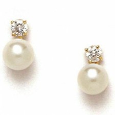 14K Solid Yellow Gold Genuine White Pearl Stud Earrings Screw Back