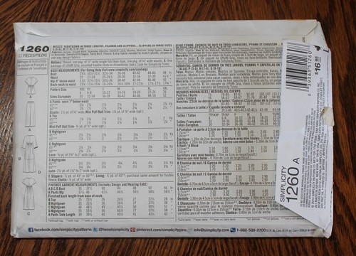 Simplicity 1260 Misses Nightgown Pajamas Slippers Size XXS- XXL Uncut Pattern - Picture 2 of 3