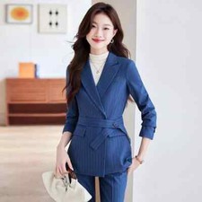 Tailleur Completo Ufficio Donna Outfit Giacca Blazer Blu Gessato Slim Set 33209