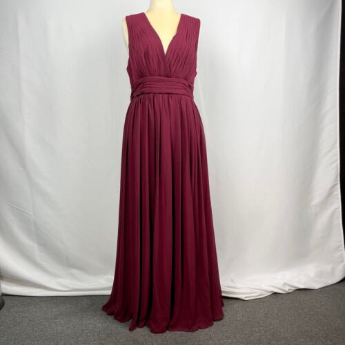 Fame And Partners Pleated Chiffon Maxi Gown Sz 16 Burgundy Cutout Back Dress