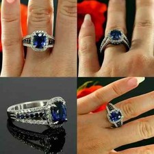 3Ct Oval Lab-Created Blue Sapphire Halo Engagement Ring 14K White Gold Plated