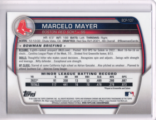 2023 Bowman - Chrome Prospects Marcelo Mayer #BCP-107 - Picture 2 of 2