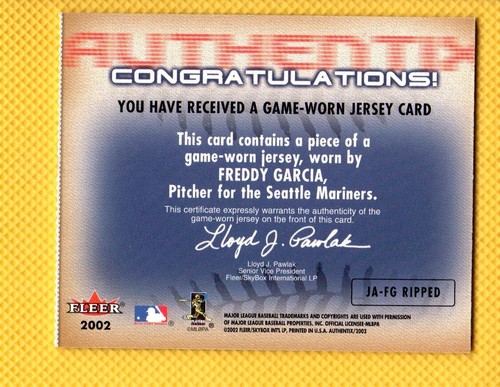 Freddy Garcia ⚾ JEU MAILLOT D'OCCASION 👕 2002 Fleer AUTHENTIX MINI #JAFG MARINS - Photo 2 sur 2