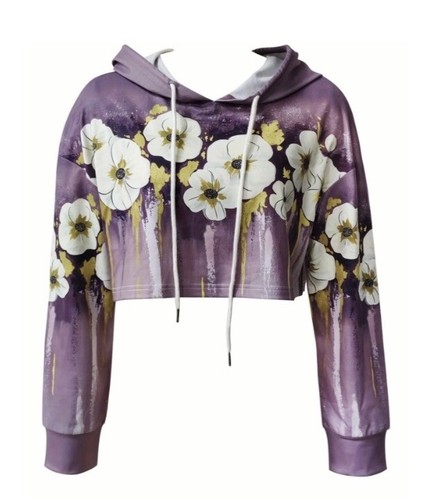 Vibrant Floral Print Crop Hoodie Sz LG