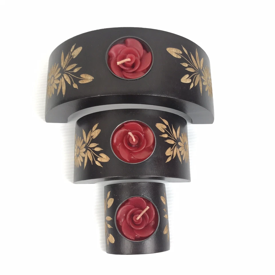 Candelabro + Velas 3 Piezas Diseñado y Decorado Madera Maciza, NUEVO-Nunca Usado Foto 3 de 4