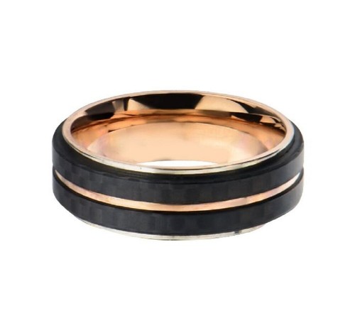 Inox Mens Rose Gold IP Double Line Carbon Fiber Ring Size 11 - Picture 2 of 4