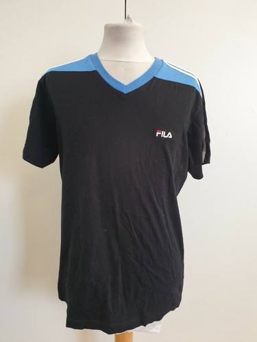 HH41 HERREN T-SHIRT FILA SCHWARZ BLAU S/ÄRMEL BAUMWOLLE V-AUSSCHNITT UK M EU 50 TAILLIERT