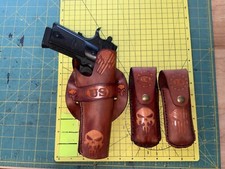 Handmade Leather Holster 2 mag pouches 1911 6 Punisher Carving