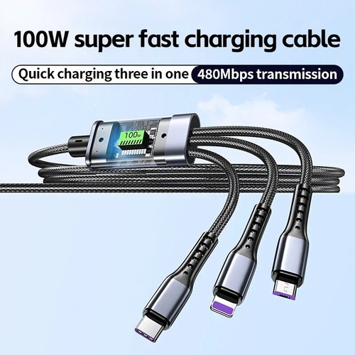 New 3 In 1 USB 100W Fast Charging Cable For Android and iPhone Type C Micro IOS - Picture 3 of 6