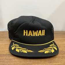 Vtg Blk Hawaiian Headwear Trucker Hat Cap Mesh Rope Gold Scrambled Egg Snapback