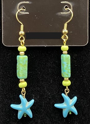 Handmade Blue Starfish & Aqua Green Stone Bead Gold Tone Earrings by Neanie-Bot