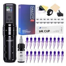 Mast Fold 2 Pro Wireless Tattoo Machine Strokes Rotary Pen Needles Black Ink Kit