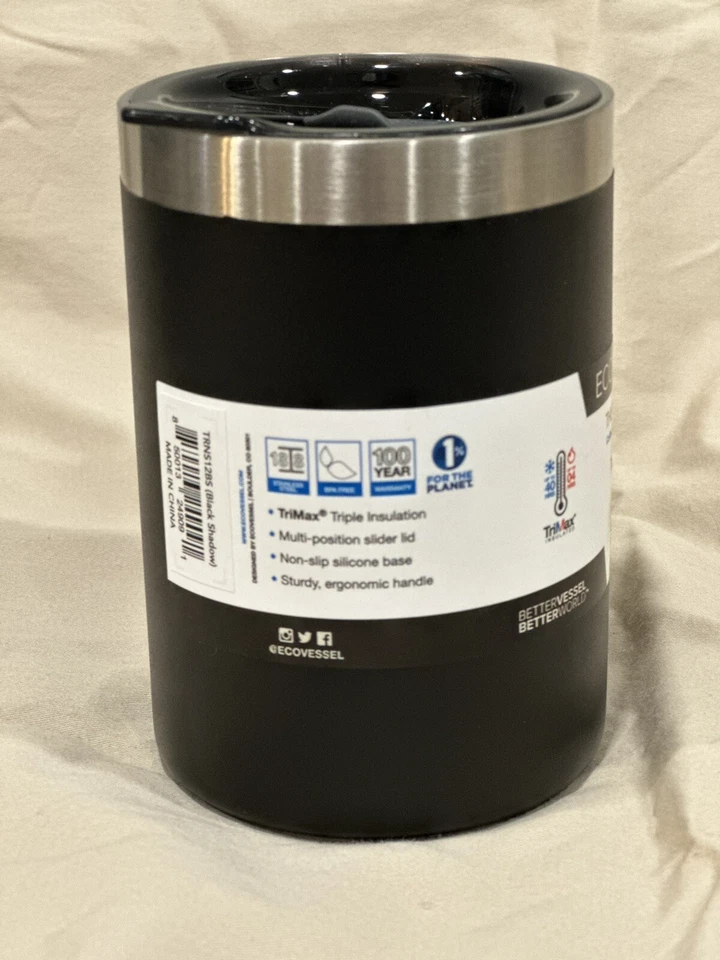 Taza de viaje ECO Vessel Tri-MAX aislada café cerveza acero inoxidable, negra 12 oz. NUEVO Foto 2 de 4