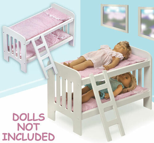 New Wooden Play Doll Bunk Bed with Ladder #BBT1855 White/Pink Gingham - Picture 1 of 1
