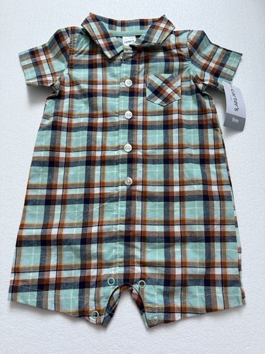 Carter’s Baby Junge Einteiler Strampler blau kariert Knopfleiste Hemd Kurzarm 9M