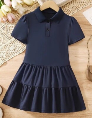 Girls Navy Dress School Uniform Polo Style Collar Midi Length Girls Dresses NEW