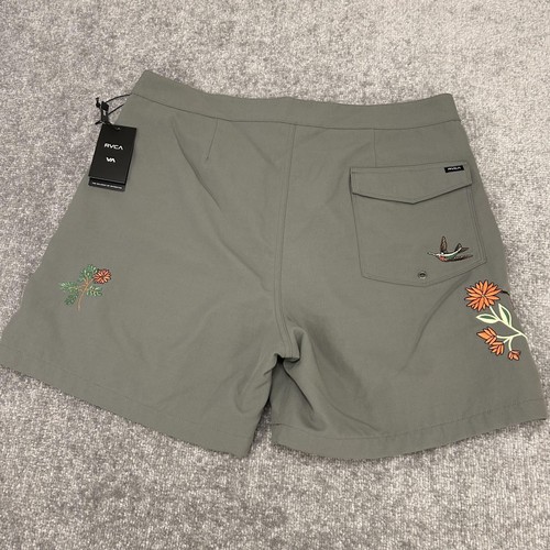 RVCA Shorts Mens 38 Green Floral Embroidered Anytime Trunk Board Swim NEW - Picture 8 of 10