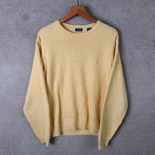 Izod Sweater Mens Large Yellow Check Patterned Pullover Cotton Crew Neck Casual - Picture 1 of 9