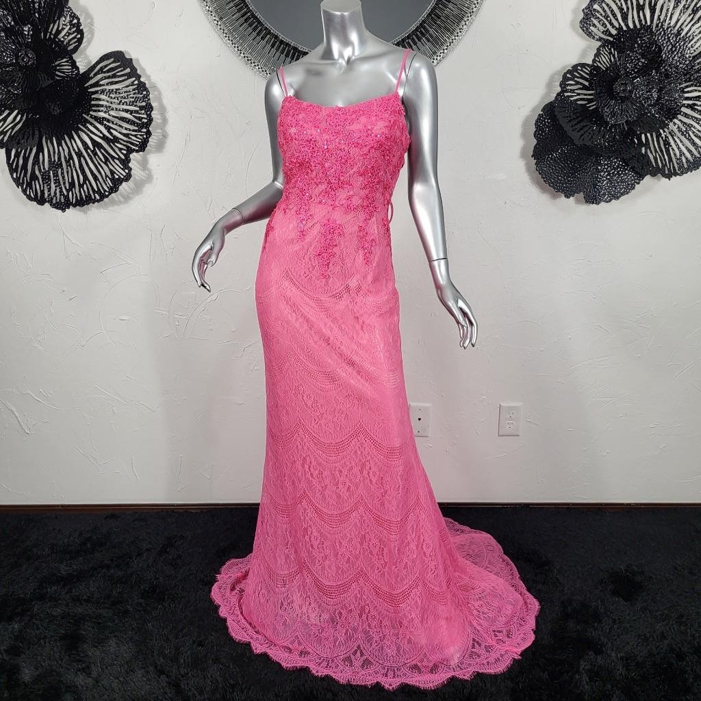 NWT~$410~MORRELL MAXIE~SZ 10~PINK EMBROIDERED LACE SEQUIN PROM EVENING DRESS