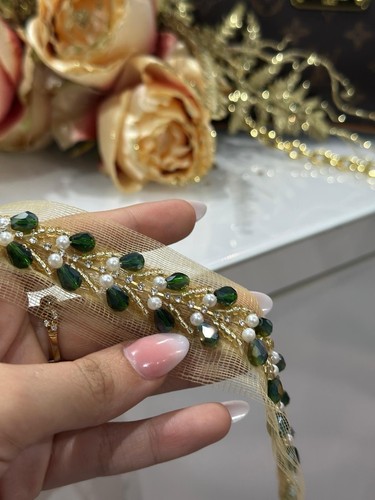 1yd Green Pearl Crystal Diamante Beaded Lace Ribbon Dress Sewing TrimAppliqu - Picture 4 of 7