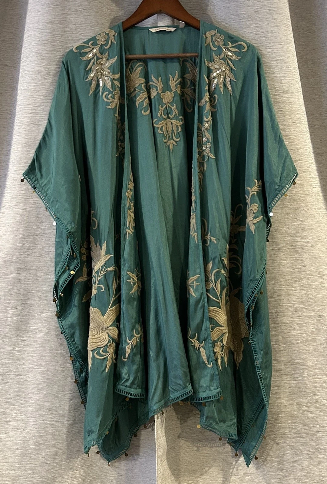 Soft Surroundings Embroidered Boho Sequin Fringe Teal/Tan Kimono Duster S/M