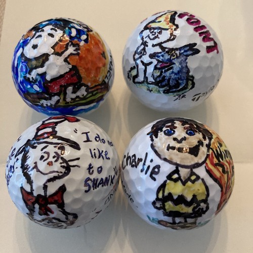 Lot Of 4 Celebrity Novelty Snoopy , Charlie Sheen , Cat In Hat Golf Balls
