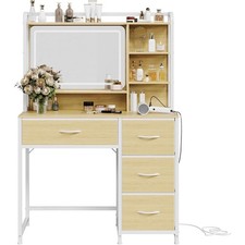 Makeup Vanity Desk with LED Lights Mirror,4 Fabric Drawers Shelves for Bedroom