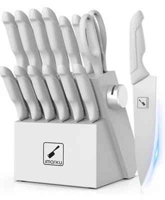 imarku 14-Piece Kitchen Knife Set with Block & Sharpener Stainless Steel White