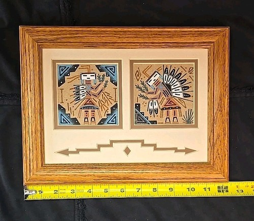 Vintage Navajo Sandmalerei KUNSTSET x 3 mattiert ohne Glas - signiert - Bild 9 von 13
