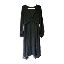 Roman Black Dress UK 16 Polka Dot Twist Detail floaty Chiffon Overlay Hanky Hem
