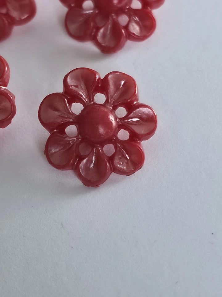 Vintage Molded Box Shank Buttons Floral Pierced Plastic Pearlescent Red 4pcs  - Image 3 of 4