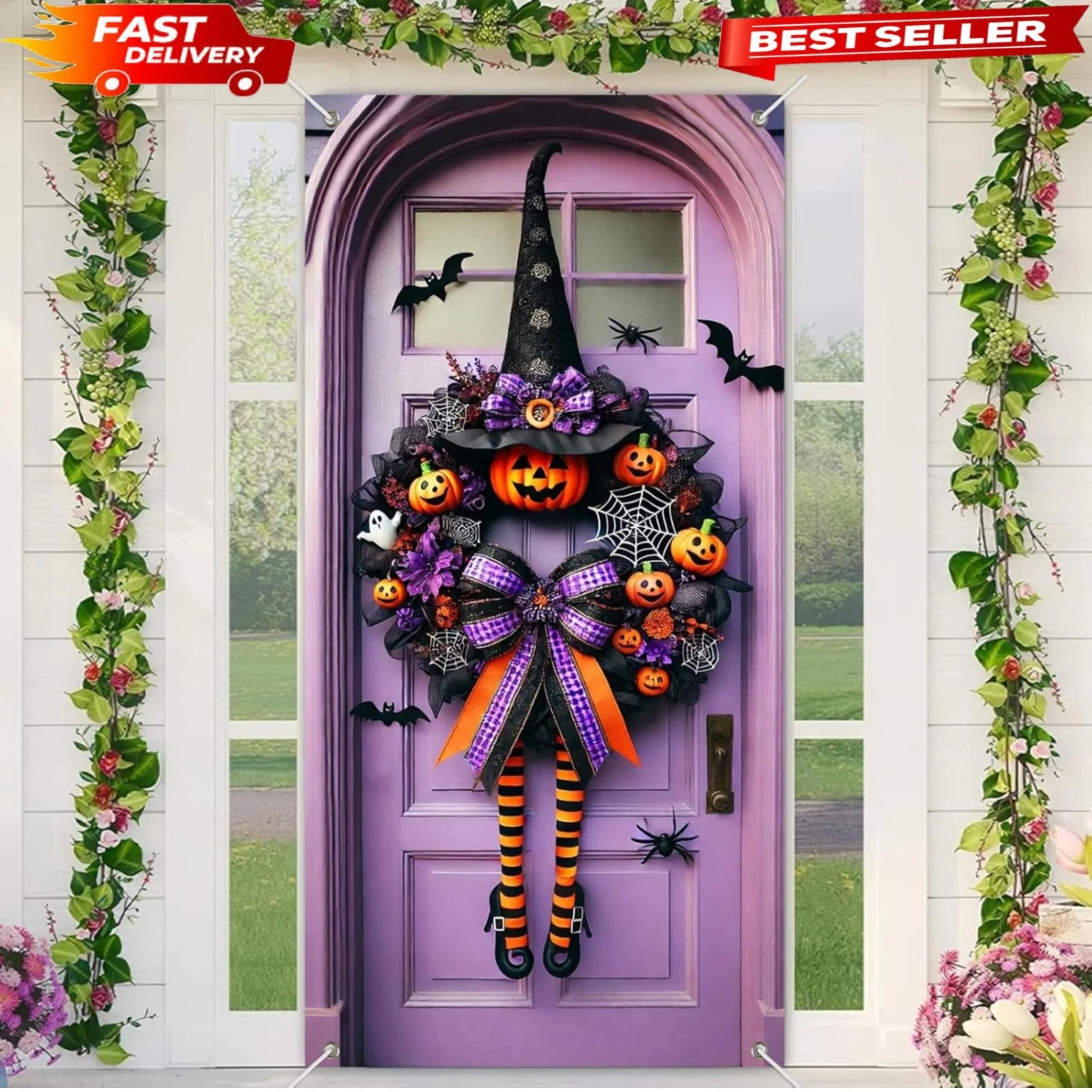 Halloween Witch Wreath Door Cover 71X35 Inch Holiday Front Porch Door Banners De