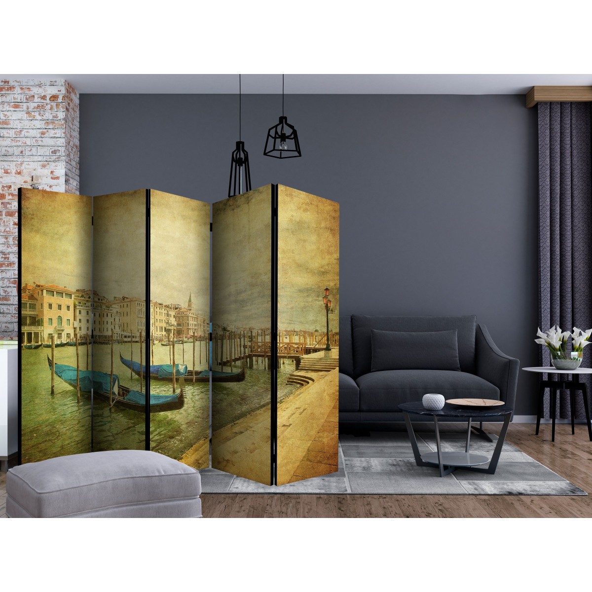 Paravent 5 volets Venise Vintage pour cacher un bureau et separer une piece