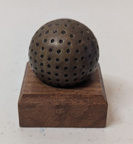 Vintage Brass Golf Ball Paperweight On Wood Base Sports Fan 2" Wide
