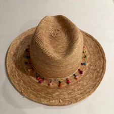 Mexican Straw Sun Hat Wide Brim Fedora Colorful Beads Pom Poms Tan Large kids
