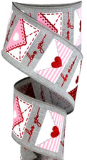 Valentine Cards 2.5" by 2 yard Gray Wired Ribbon Red Glitter Words Hearts Pinks