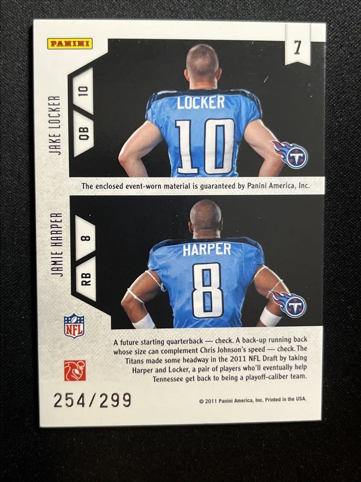 2011 Panini Rookie And Stars Studio RC Jersey 7 Jake Locker/Jamie Harper /299 - Image 2 of 2