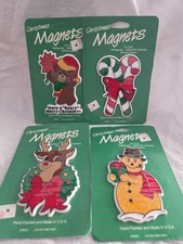 Lot of 4 Vtg Christmas Magnets Bear Candy Canes Snowman Deer 1980’s Hand Painted