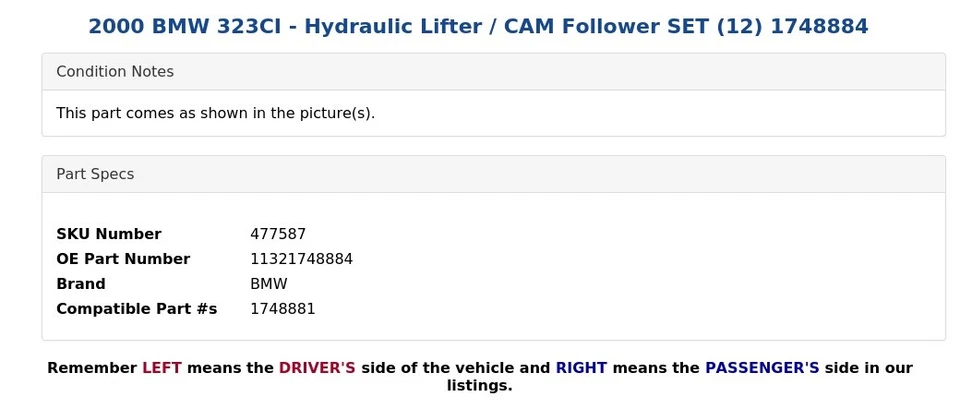 2000 BMW 323CI - Hydraulic Lifter / CAM Follower SET (12) 1748884 - Image 3 of 4