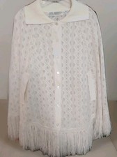 Vth 70s Sears Diamond Knit Fringe Poncho Cardigan Cream Acrylic Boho Sweater