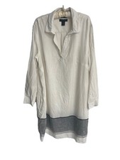 Tahari 100% Linen Dress Size M , V Neck L/S Color Banded Side Pockets