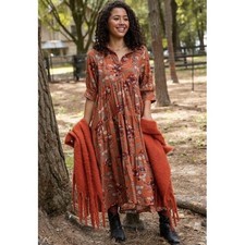 Natural Life Rebecca Orange Midi Dress Sm Boho Tiered Pockets CottageCore Floral