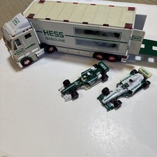 2003 Hess Truck Race Cars Gasoline Trailer Working Lights 2 Race Cars