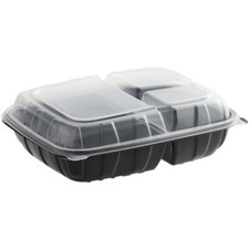 11 x 8 1/2 x 3" Microwaveable 3-Compartment Black/Clear Plastic Hinged Container