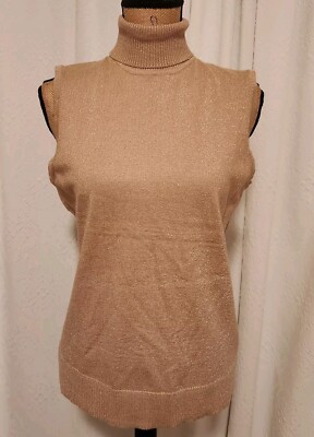 Cable & Gauge Women's L Camelhair Gold Metallic Sleeveless Knit Turtleneck NEW